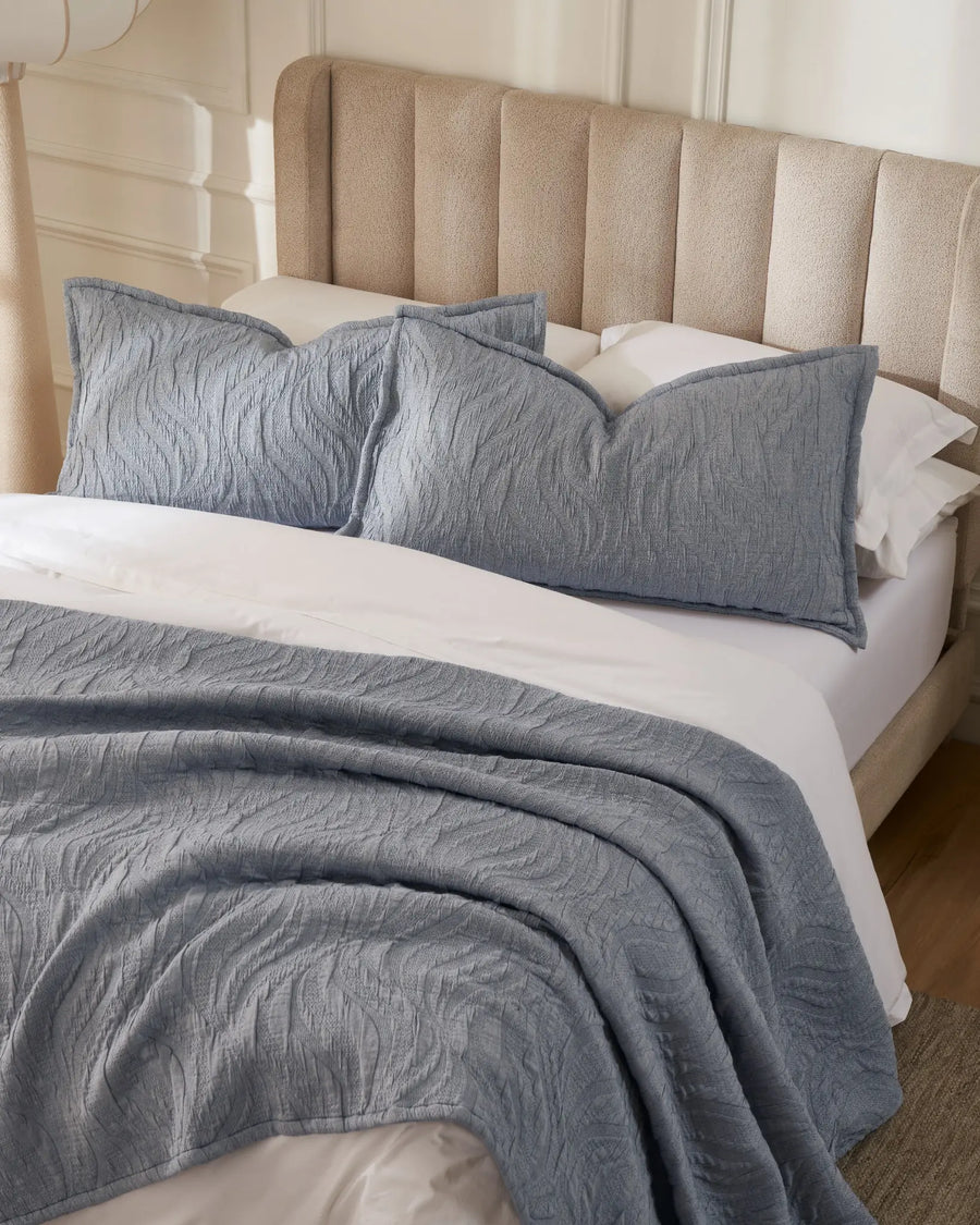Denim Waves cotton-poly bedspread set with king pillow covers, top view on a made bed