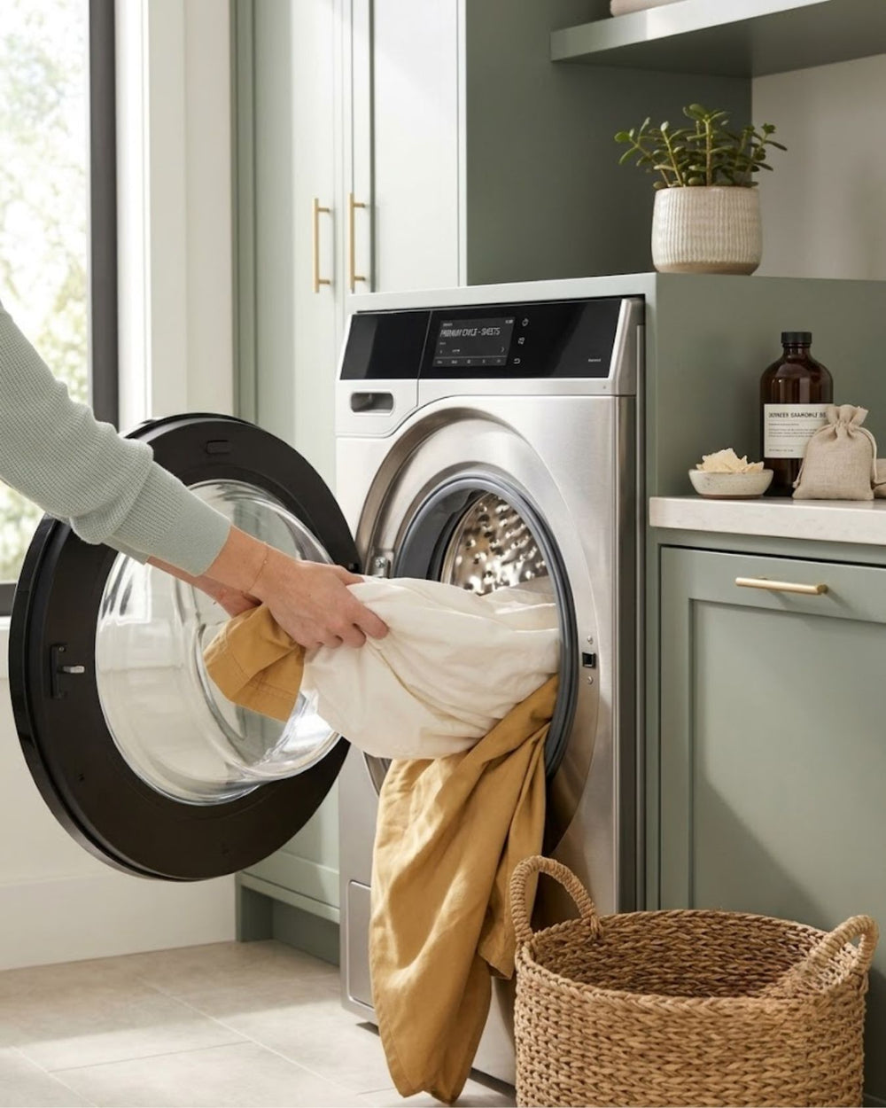 Person loading bed linen into a front-loading washing machine