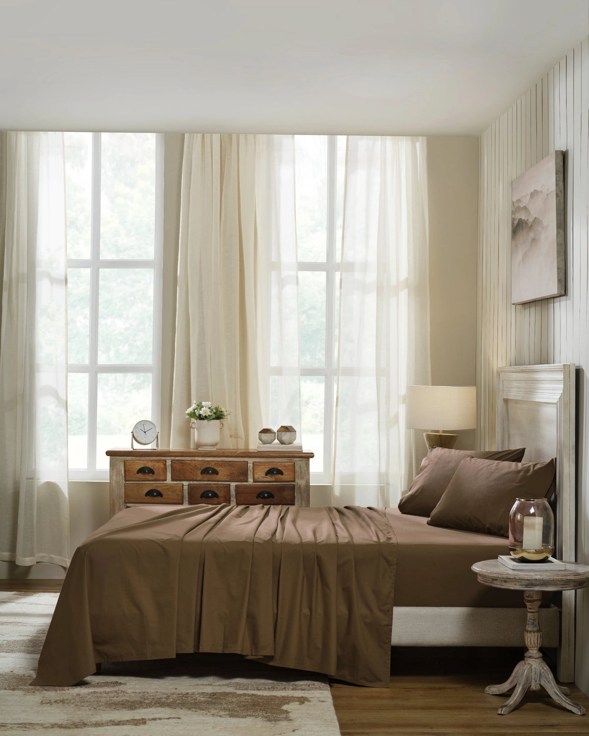 Baked Clay 400TC percale fitted sheet set with standard pillowcases, side view on a made bed