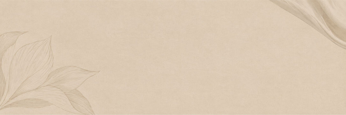 Soft beige background with a faint botanical leaf pattern