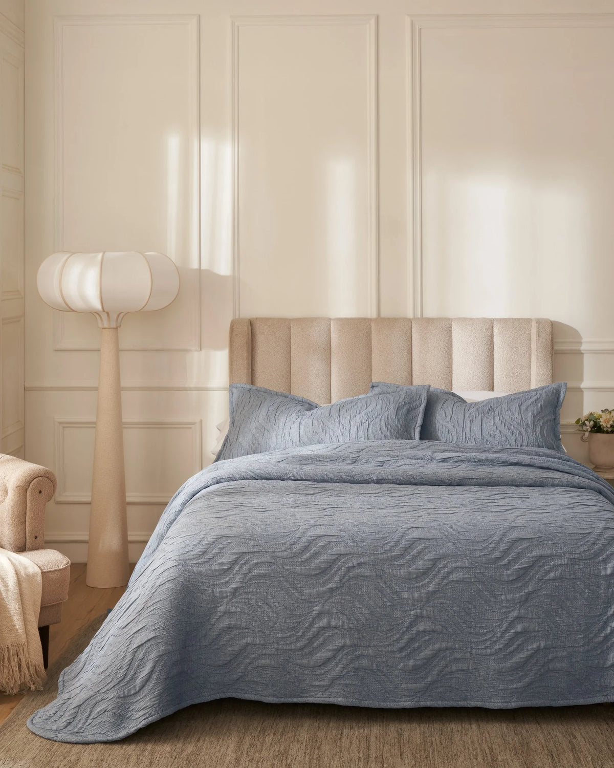 Denim Waves cotton-poly bedspread set with king pillow covers, front view on a made bed