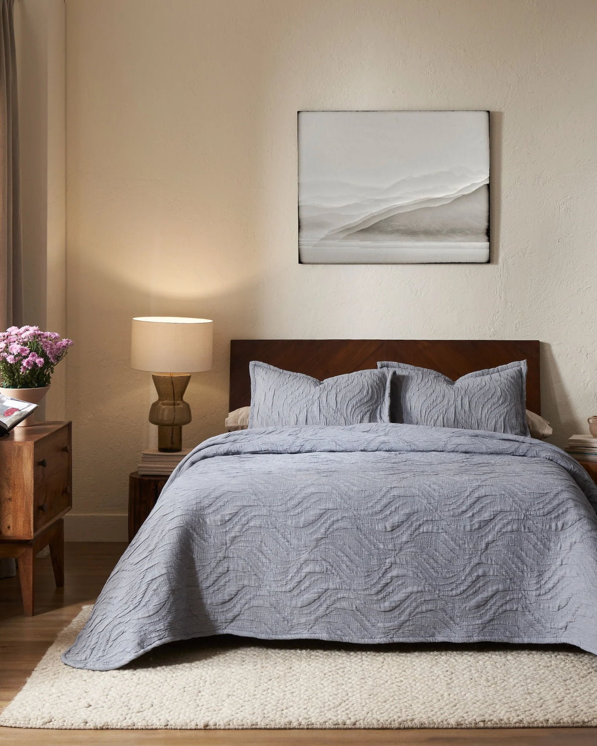 Denim Waves cotton-poly bedspread set with standard pillowcases, front view on a made bed
