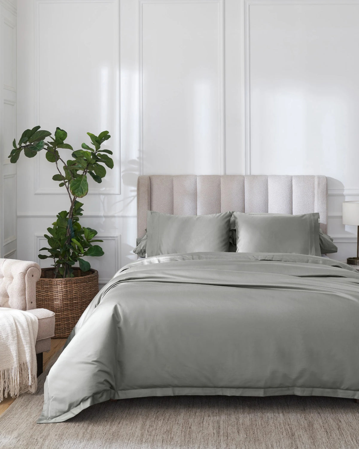 Elephant 1000TC sateen duvet cover with flange, front view on a made bed