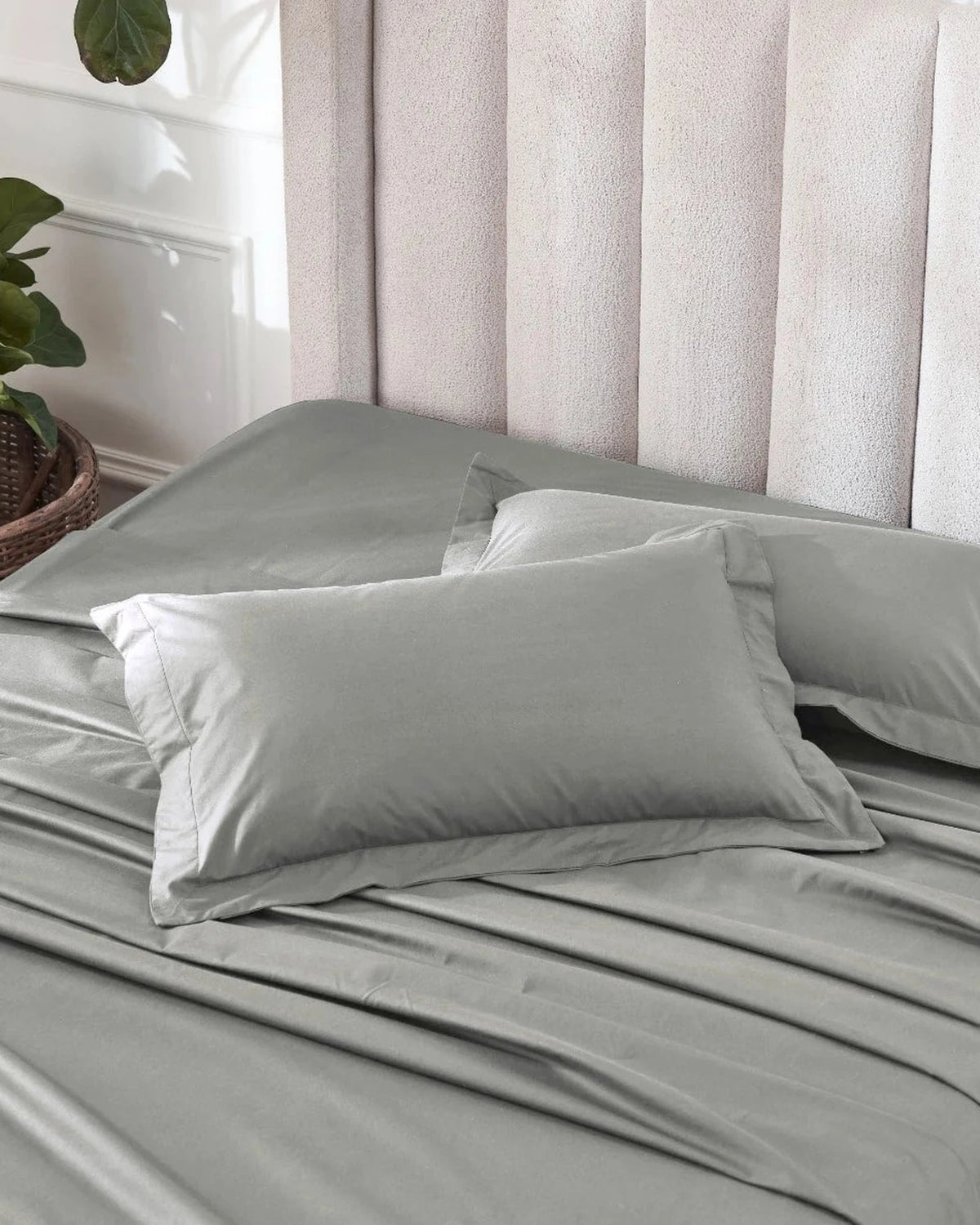Elephant 1000TC sateen standard pillow cover set with flange, top view on a made bed