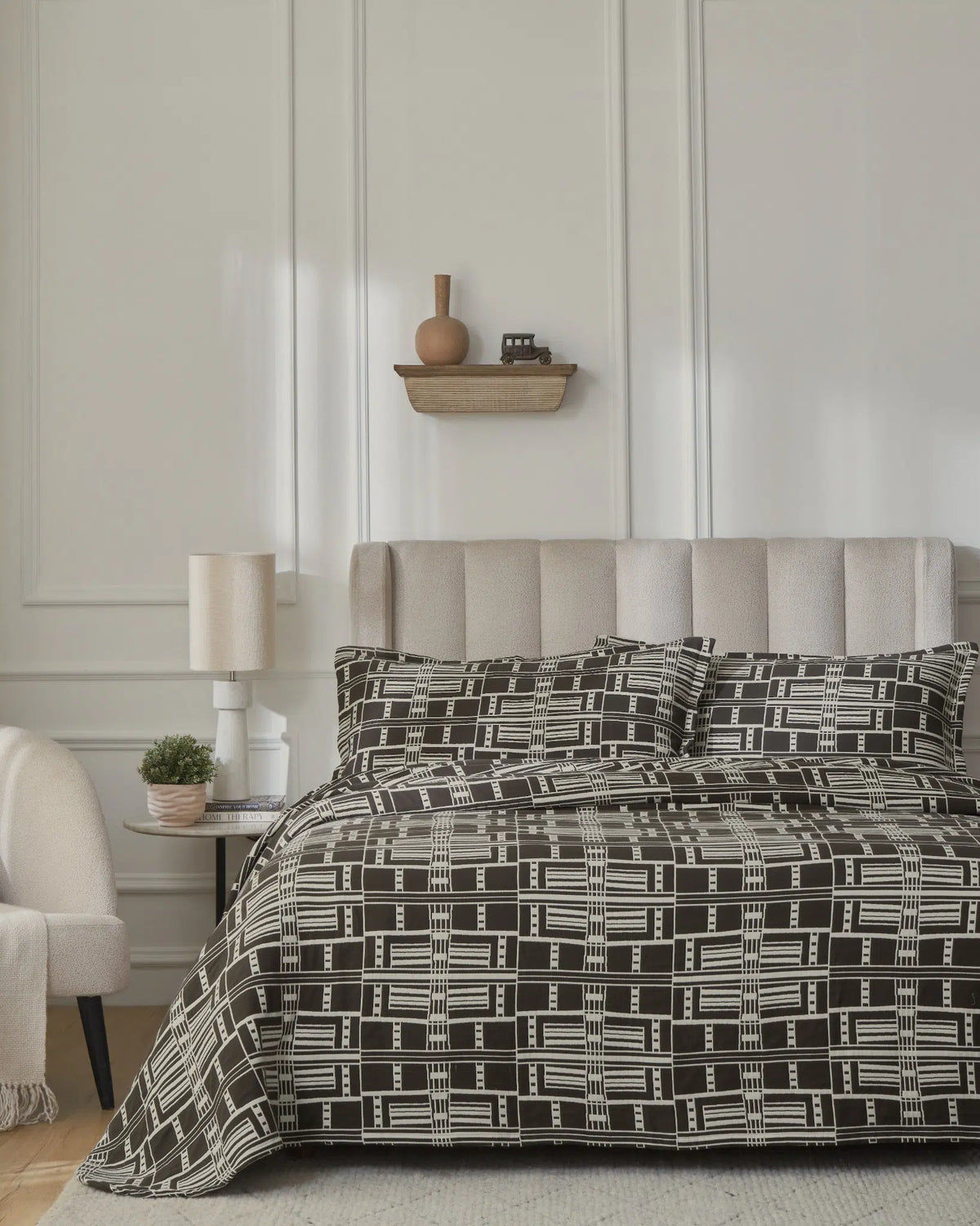 Espresso Modern Geo 100% cotton bedspread set with king pillow covers, front view on a made bed