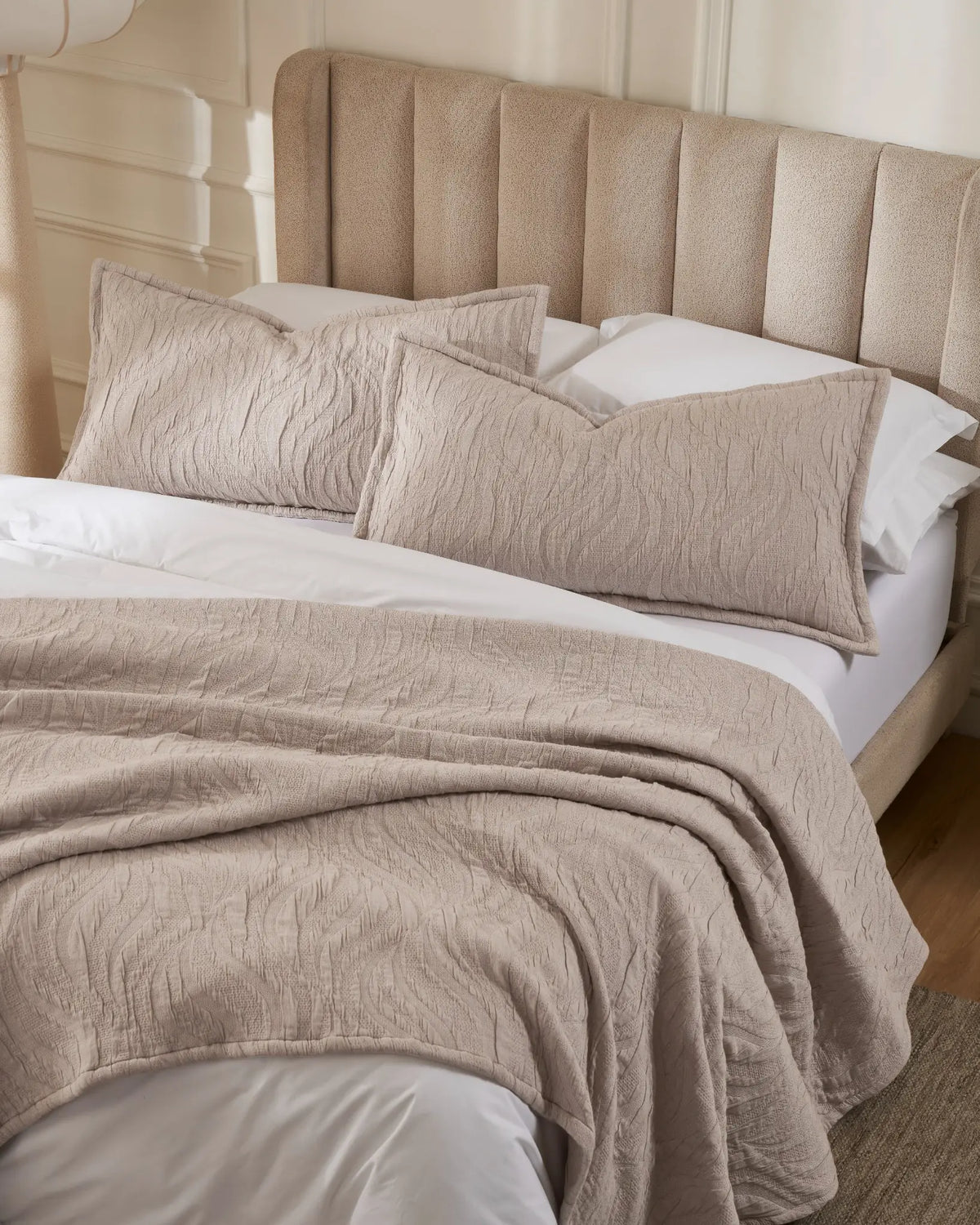 Evening Sand Waves cotton-poly bedspread set with king pillow covers, top view on a made bed