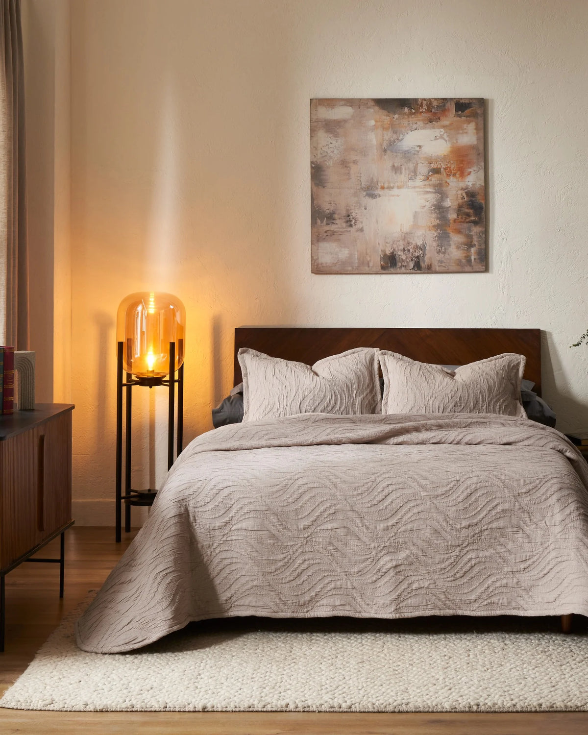 Evening Sand Waves cotton-poly bedspread set with standard pillow covers, front view on a made bed