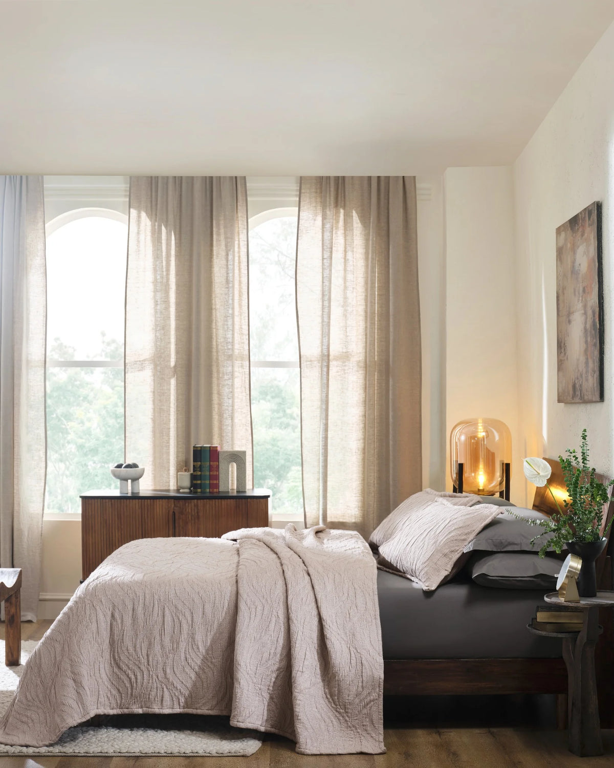 Evening Sand Waves cotton-poly bedspread set with standard pillow covers, side view on a made bed