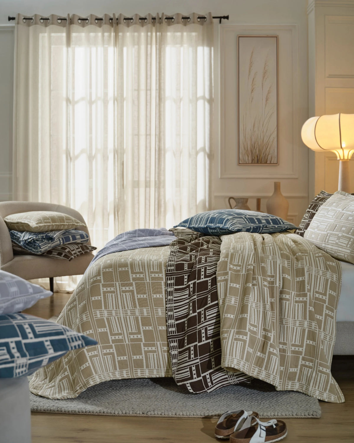 Modern Geo 100% cotton bedspread set collection shot in a bedroom