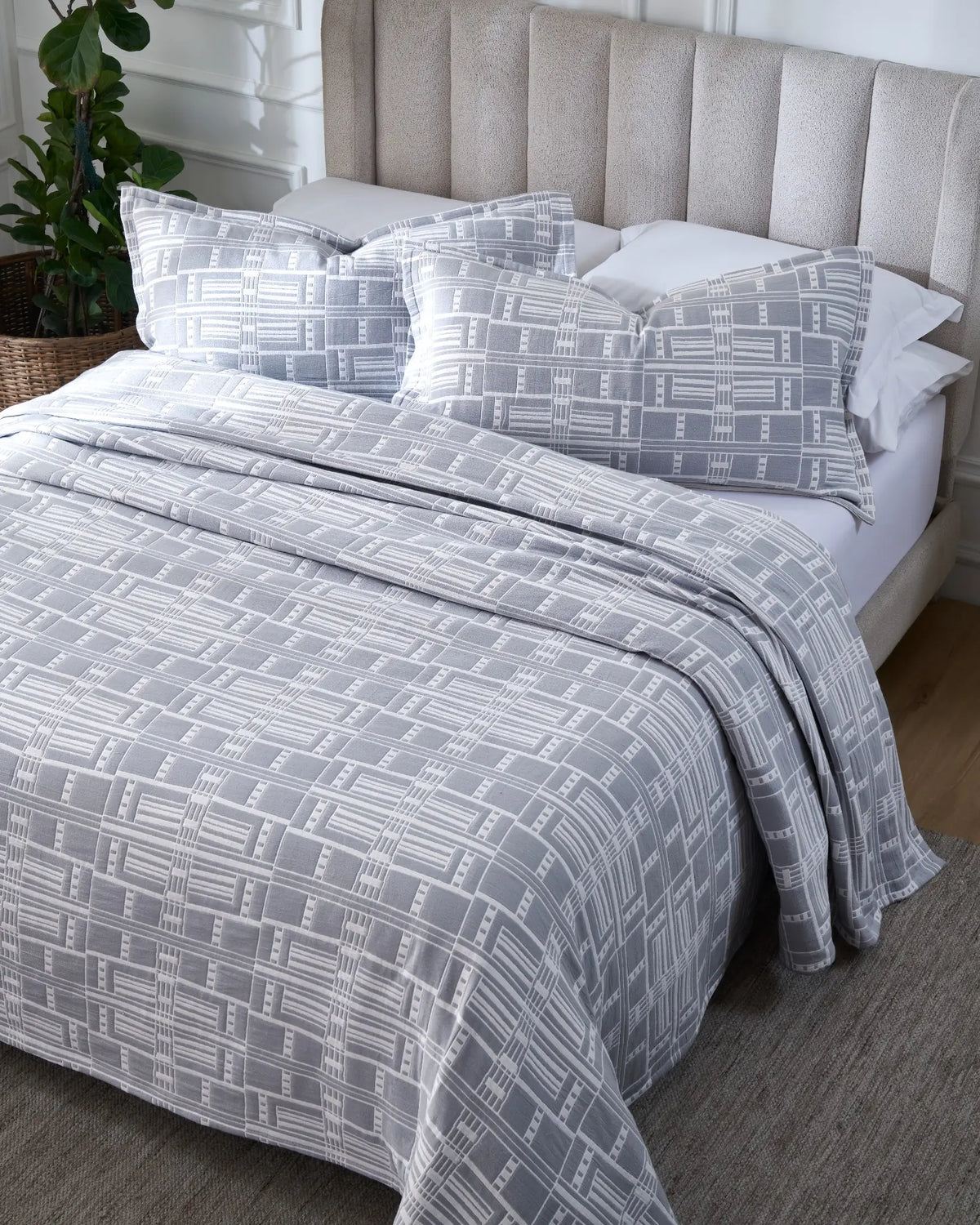 Morning Fog Modern Geo 100% cotton bedspread set with king pillowcases, top view on a made bed