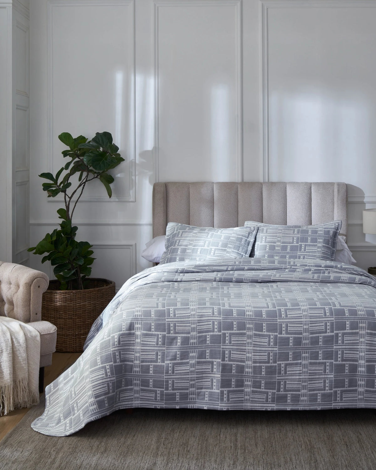 Morning Fog Modern Geo 100% cotton bedspread set with standard pillow covers, front view on a made bed