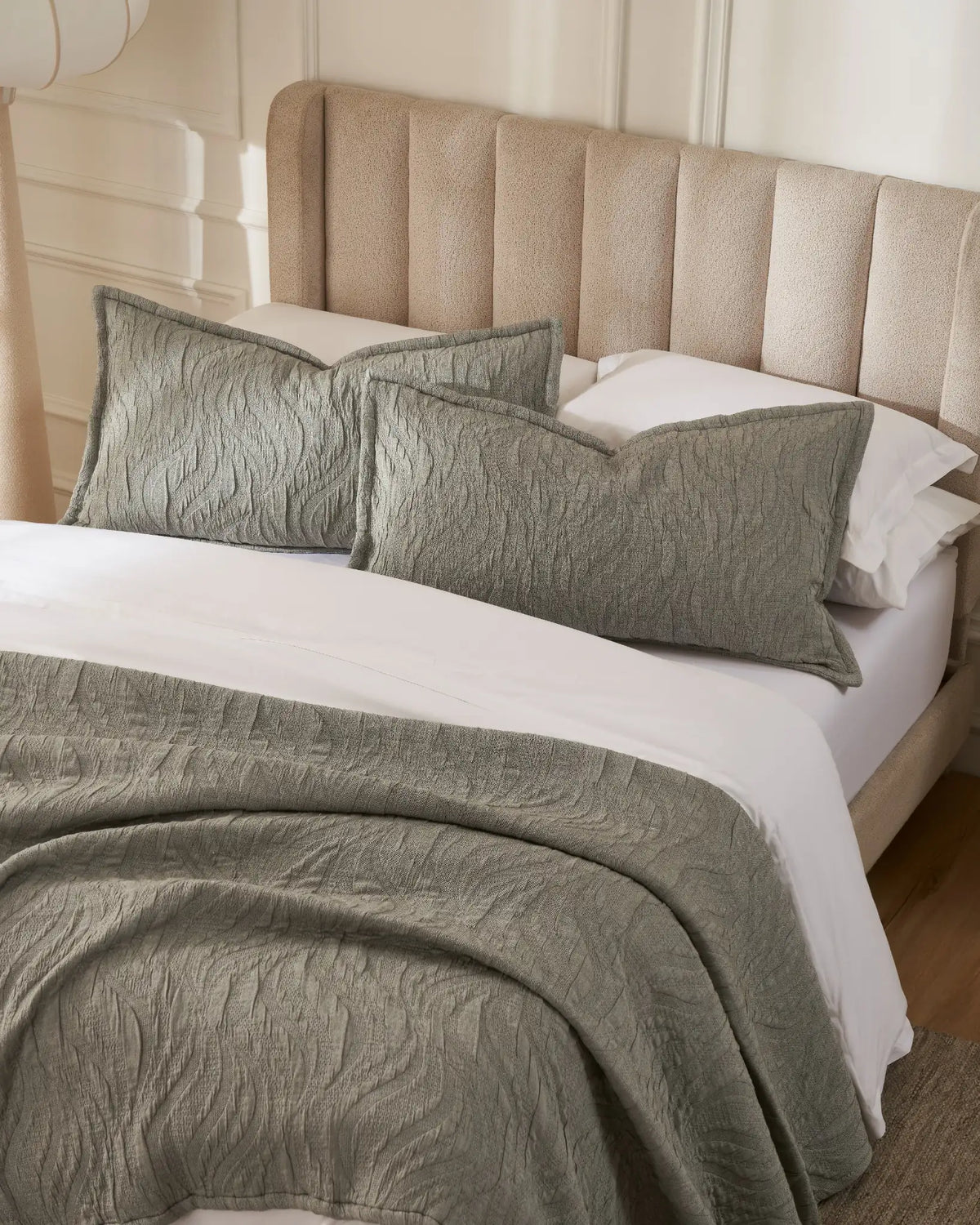 Olive Waves cotton-poly bedspread set with king pillow covers, top view on a made bed