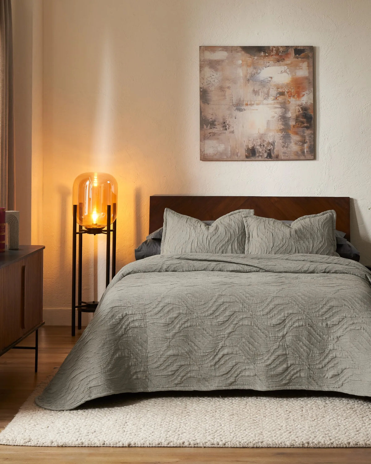 Olive Waves cotton-poly bedspread set with standard pillow covers, front view on a made bed
