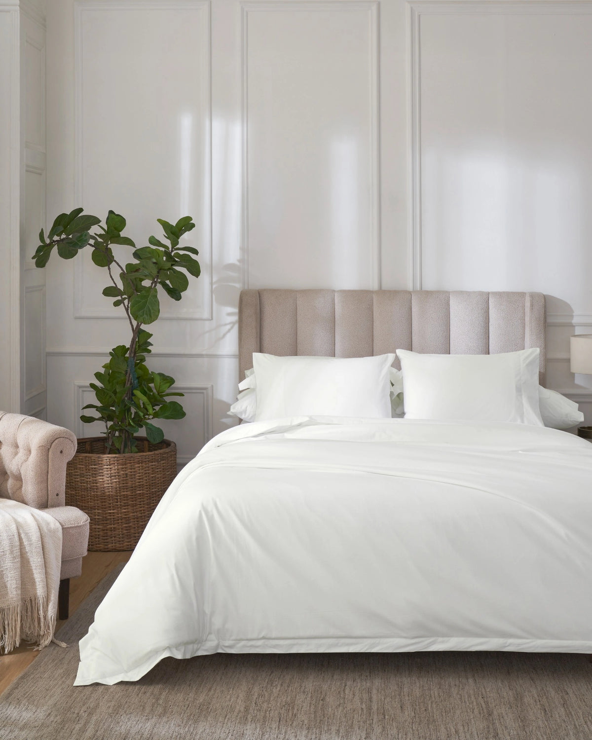 Optic White 400TC percale duvet cover with flange, front view on a made bed