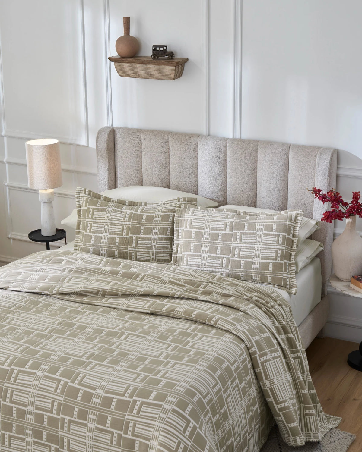Sand Modern Geo 100% cotton bedspread set with standard pillow covers, top view on a made bed