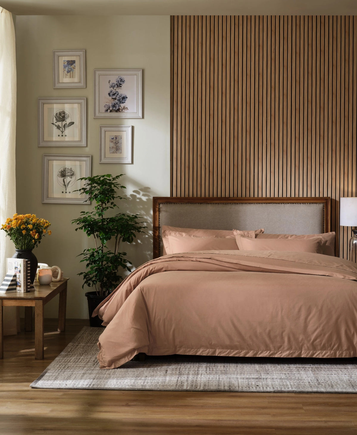 Sandalwood 400TC percale duvet cover with flange, front view on a made bed