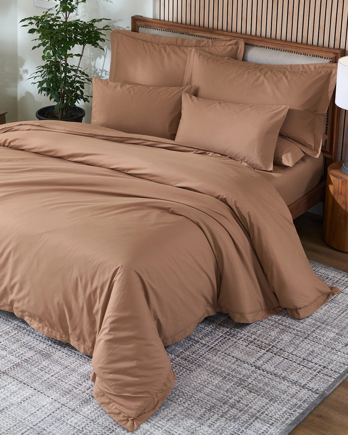 Sandalwood 400TC percale duvet cover with flange, top view on a made bed