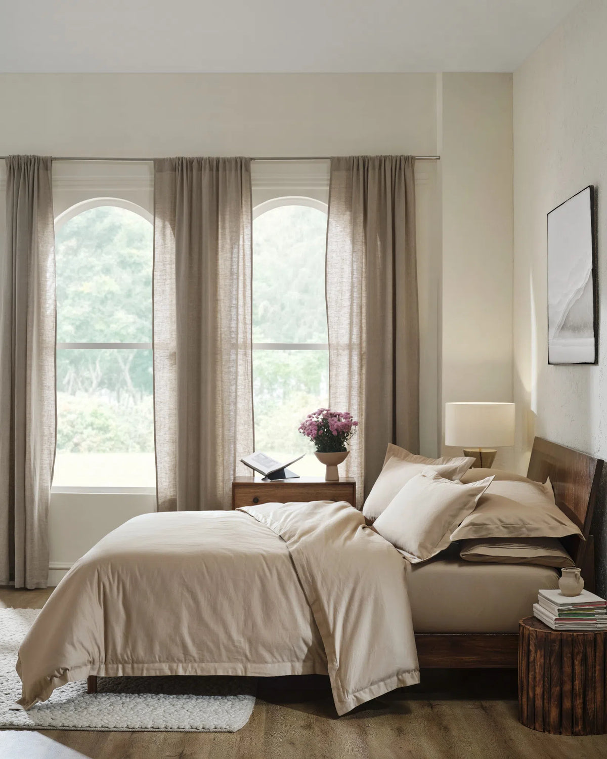 Travertine 1000TC sateen duvet cover with flange, side view on a made bed