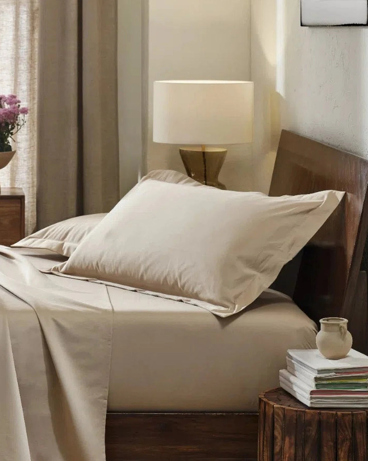 Travertine 1000TC sateen king pillow cover set with flange, side view on a made bed