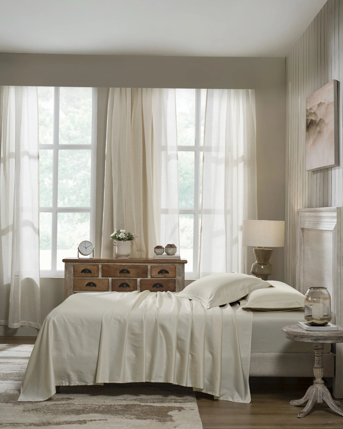 White Sand 600TC sateen king pillow cover set with flange, side view on a made bed