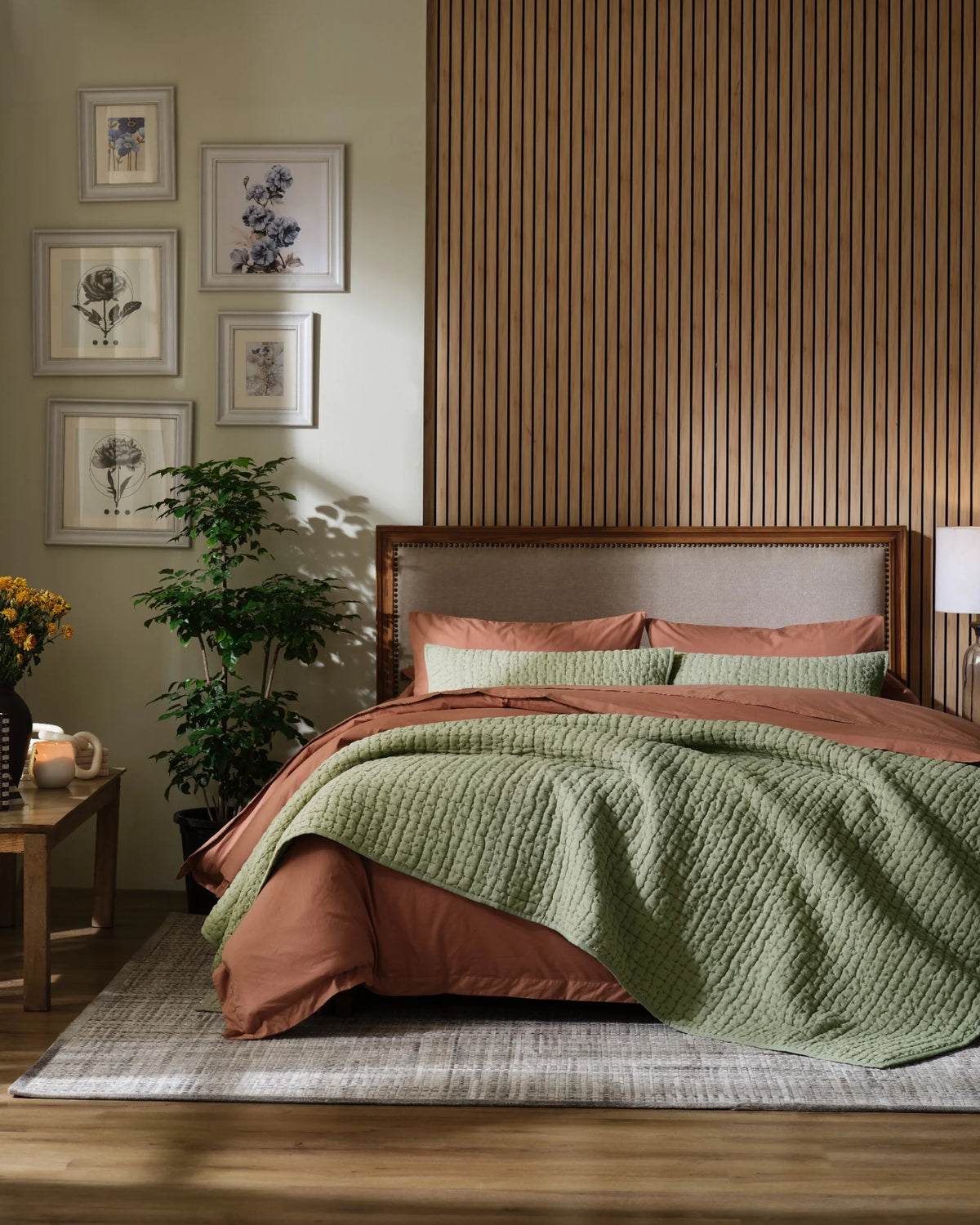 Willow Leaf European linen box-stitch hand quilt set with standard pillowcases, front view on a made bed